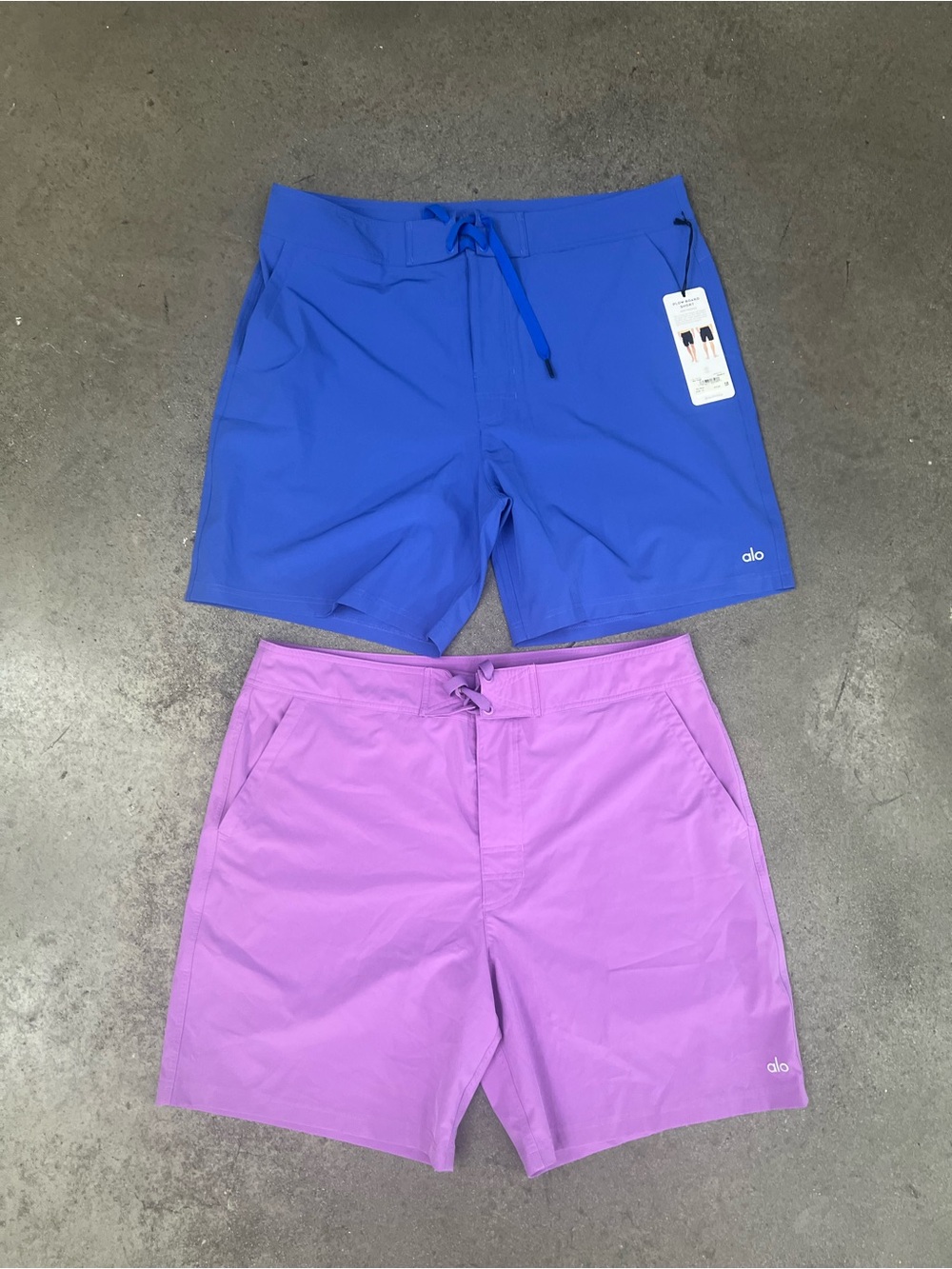 ALO Yoga Men’s Drawstring Hybrid Board Shorts in Blue and Lavender